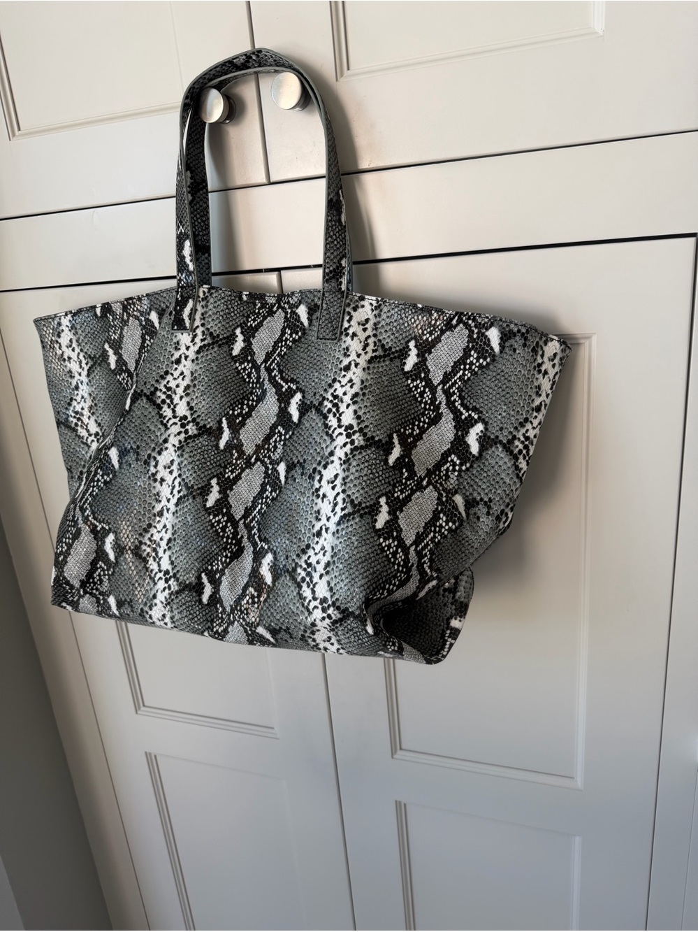 Snake-Print Large Tote Bag in Black & White 11”H x 19”W